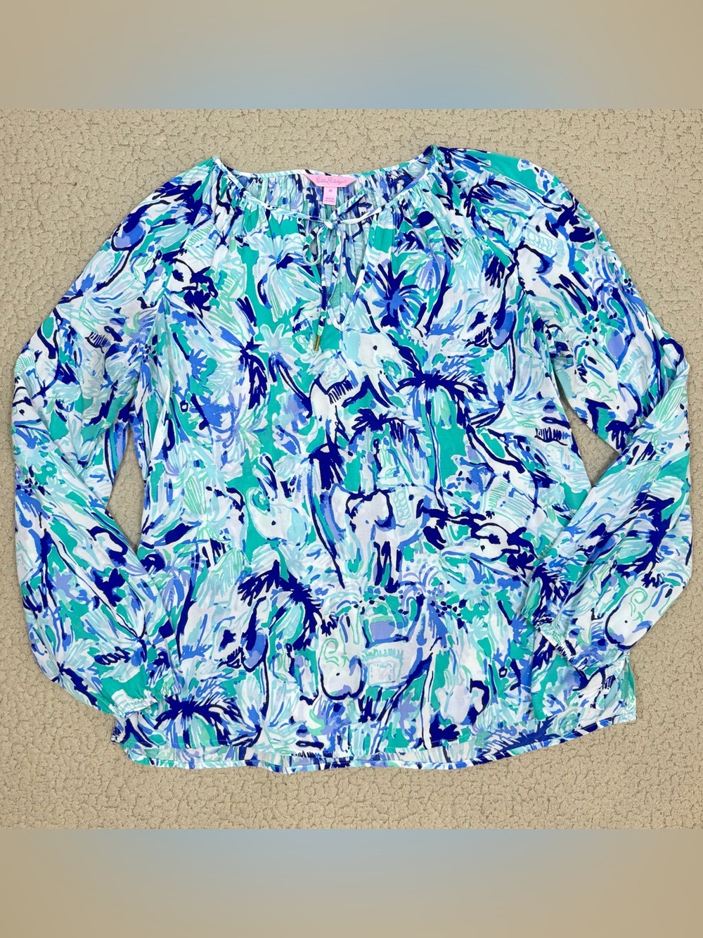 Lilly Pulitzer Willa Long Sleeve Tunic Top Tropical Teal Elephant Appeal